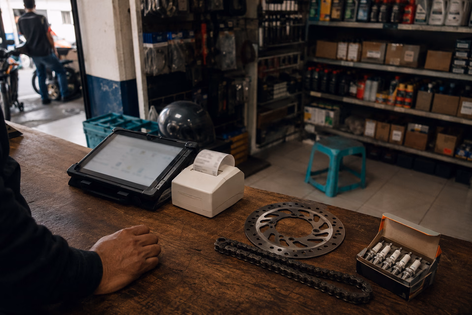 Mostrador de un taller de motos con una tablet, una impresora térmica y repuestos sobre la madera
